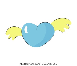 Blue heart with yellow wings. Isolated illustration on white