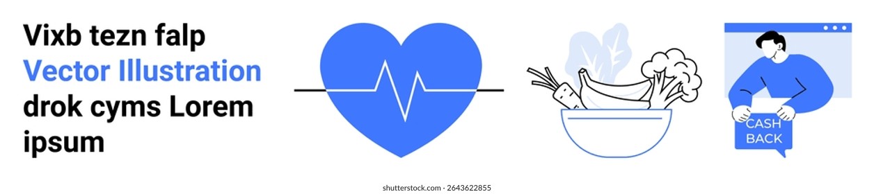 Blue heartbeat next to bowl of fresh vegetables and person holding cashback sign. Ideal for health, wellness, fitness, nutrition, shopping rewards, medical, lifestyle. Landing page