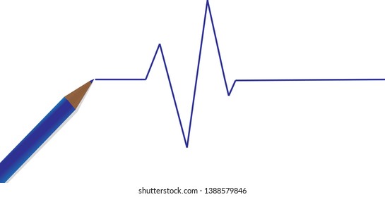 Blue heartbeat pulse lines on white, cardiogram, pulse concept drawn in pencil, diagram, vector illustration.