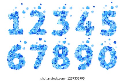 Blue hearts confetti vector Valentines Day numbers set isolated on white background