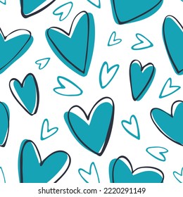 Blue hearts drawn with a marker. 
Artwork for fabric, print or wrapping paper. Valentines Day or birthday background. Seamless vector pattern