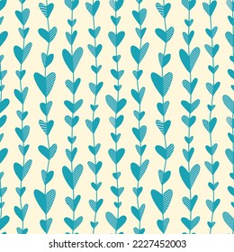 Blue hearts drawn with a marker. 
Artwork for fabric, print or wrapping paper. Valentines Day or birthday background. Seamless vector pattern