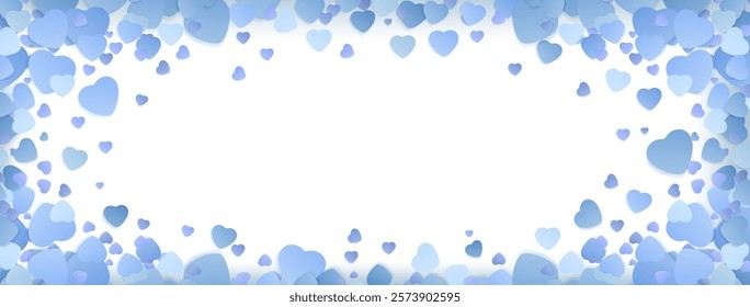 Blue hearts frame on white background. Vector realistic illustration of love symbols on saint valentine, mothers or fathers day card, romantic flyer backdrop, holiday banner with confetti border