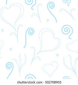 Blue hearts, grass and swirls on a white background. Abstract seamless pattern. Hand drawing swirl background. Vector illustration swirl. Valentines Day card. Girl and women abstract swirl background.