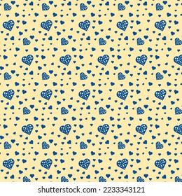 Blue hearts seamless pattern isolated on yellow background. Love concept. Vector Illustration