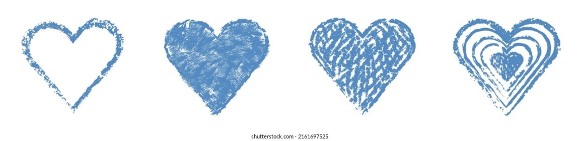 Blue hearts, set of 4 images in vector. This illustration art is a mix of crayon, pastel, doodle, and grunge style. Simple handmade heart using scribbles to shape the concept of love.