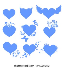 Blue hearts set isolated on red background. Happy valentine day decor. Vector illustration 