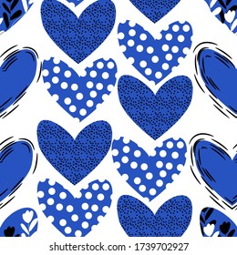 blue hearts textured seamless vector pattern on white background, valentines day print, 14 february
