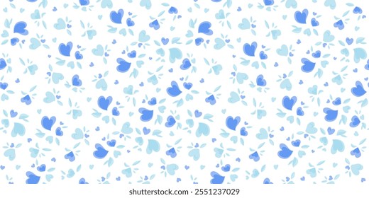 Blue Hearts Valentine Romantic pattern. Vector illustration. Seamless pattern with hearts for Valentine Day design. Decorative backdrop with hearts, and leaves. Holiday texture.
