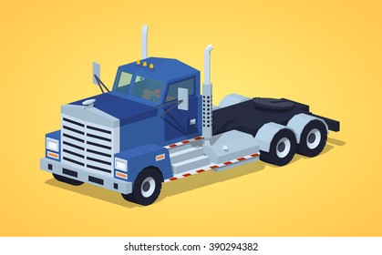 Blue heavy truck against the yellow background. 3D lowpoly isometric vector illustration