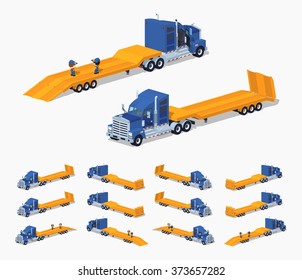 Blue heavy truck with yellow low-bed trailer. 3D lowpoly isometric vector illustration. The set of objects isolated against the white background and shown from different sides