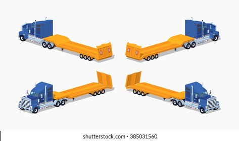 Blue heavy truck with yellow low-bed trailer. 3D lowpoly isometric vector illustration. The set of objects isolated against the white background and shown from different sides