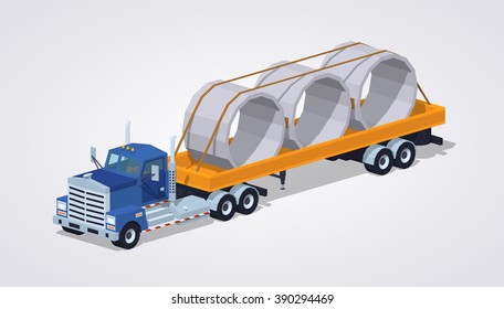 Blue heavy truck and yellow trailer with the concrete rings on it against the white background. 3D lowpoly isometric vector illustration