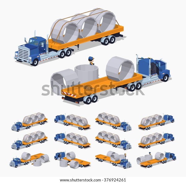 Blue heavy truck and yellow trailer with concrete
rings on it. 3D lowpoly isometric vector illustration. The set of
objects isolated against the white background and shown from
different sides