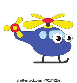 Blue Helicopter cartoon. Outlined flying vehicle with black stroke.