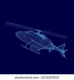 Blue helicopter is flying in the sky. The image is a stylized drawing of a helicopter, with a blue background. The drawing gives the impression of a futuristic or sci-fi scene