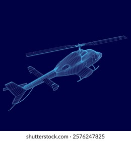 Blue helicopter is flying in the sky. The image is in a blue color. The helicopter is in the air and is not grounded