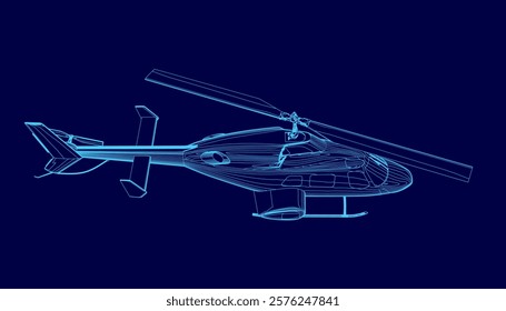 Blue helicopter is flying in the sky. The image is in blue and has a futuristic feel to it