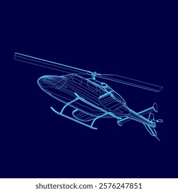 Blue helicopter is flying in the sky. The image is a stylized drawing of a helicopter