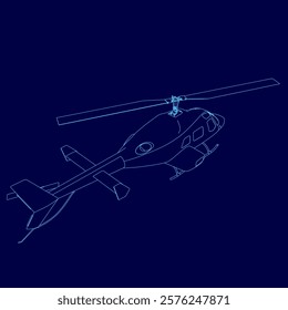 Blue helicopter is flying in the sky. The image is in blue and has a very simple and minimalistic style