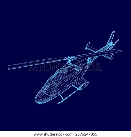 Blue helicopter is flying in the sky. The image is in blue and has a futuristic feel to it