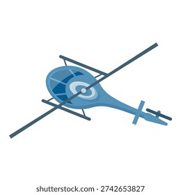 Blue helicopter flying in the sky, seen from below