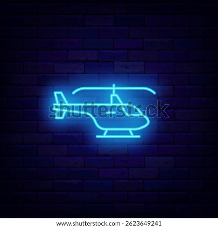 Blue helicopter neon icon on brick wall. Air taxi. Sky transport symbol. Vector stock illustration