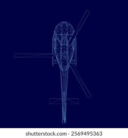 Blue helicopter with a propeller on the right side is shown in a blue background. The helicopter is in a stylized, abstract form