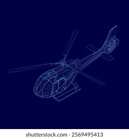 Blue helicopter is shown in a blue background. The image is a stylized drawing of a helicopter, with the blue color dominating the scene. Scene is calm and serene