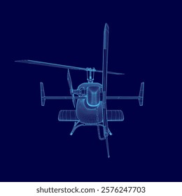 Blue helicopter is shown in a blue background. The image is a stylized rendering of a helicopter, with the wings and tail visible. The blue color of the helicopter