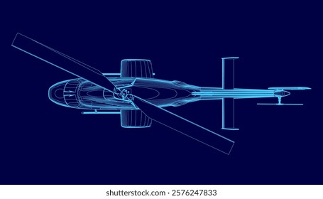 Blue helicopter is shown in a blue background. The image is a computer-generated rendering of a helicopter