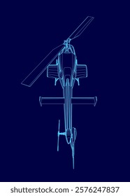 Blue helicopter is shown in a blue background. The image is a stylized drawing of a helicopter, with the blue color dominating the scene