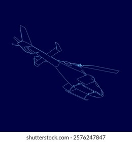 Blue helicopter is shown in a blue background. The image is a stylized drawing of a helicopter, with the blue color dominating the scene. Scene is calm and serene