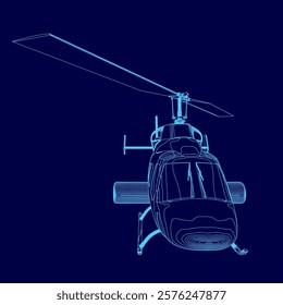 Blue helicopter is shown in a blue background. The image is a stylized drawing of a helicopter, with the blue color dominating the scene
