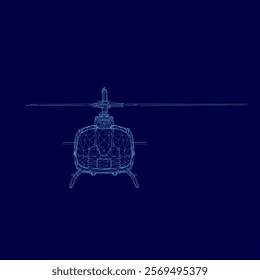 Blue helicopter is shown in a blue background. The helicopter is in the middle of the image and is the main focus. The blue color of the helicopter and the background creates a sense of calmness