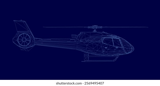 Blue helicopter is shown image. The image is a stylized representation of a helicopter, with a lot of detail and a sense of depth. The blue color of the helicopter