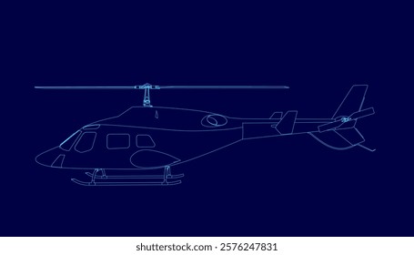 Blue helicopter is shown in a blue image. The image is a stylized representation of a helicopter, with the blue color representing the sky