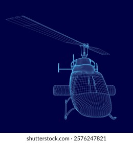 Blue helicopter is shown in a stylized, 3D form. Concept of motion and excitement, as if the helicopter is about to take off or land