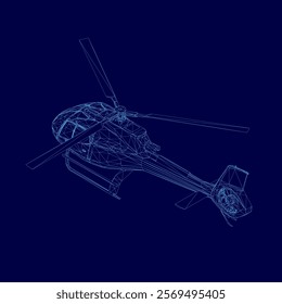 Blue helicopter is shown in a stylized form. The image drawing of a helicopter, with the wings and tail visible. Scene is futuristic and sleek