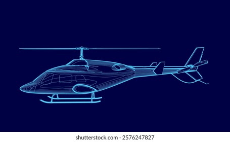 Blue helicopter is shown in a stylized way. The image has a futuristic feel to it