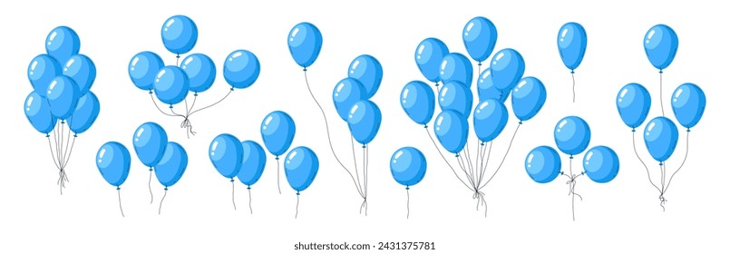 Globos azules de helio. Globo flotante manojos, globos de aire brillante azul decoración de fiesta de cumpleaños conjunto de ilustración vectorial plana. Colección de globos voladores