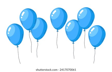 Globos de helio azul. globos brillantes voladores, globos flotantes decoraciones festivas. Decoración de cumpleaños feliz ilustración vectorial plana