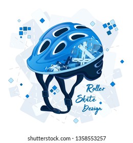 Blue helmet with a geometric pattern for super scooters. Sports fashion for young people, spring design. Vector illustration.