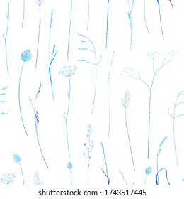 Flor de patrón de hierbas azules sin fisuras en fondo blanco. Flora elegante, flor silvestre, hierbas, hoja. Ilustración vectorial de flores silvestres en acuarela estilo, jardín, follaje, ramas para la boda de saludo