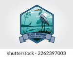Blue Heron Conservation Vector Logo Illustration. This logo on a peaceful and blue exotic landscape.