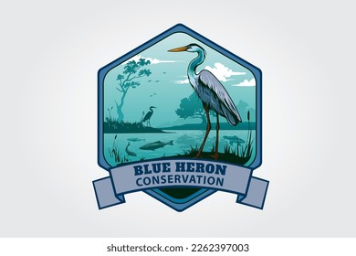 Blue Heron Conservation Vector Logo Illustration. This logo on a peaceful and blue exotic landscape.