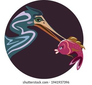 Blue heron and the magic fish vector illustration