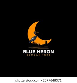 blue heron and the moon illustration logo design concept vector art