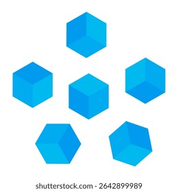 Blue hex cube. Isometric block shape. Geometric figure form. Vector 3D symbol.