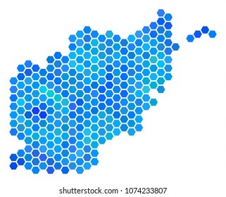 Blue Hexagon Afghanistan Map. Vector geographic map in cold color variations on a white background. Blue vector mosaic of Afghanistan Map made of hexagonal pixels.